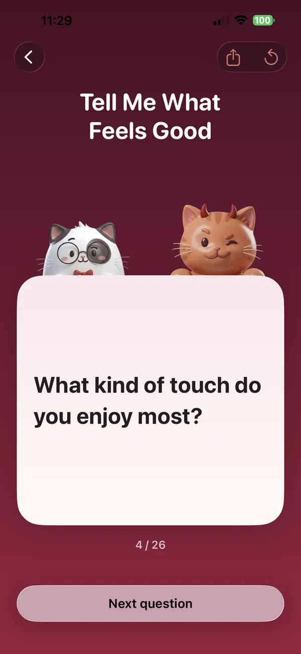 Question card from the Tell Me What Feels Good deck